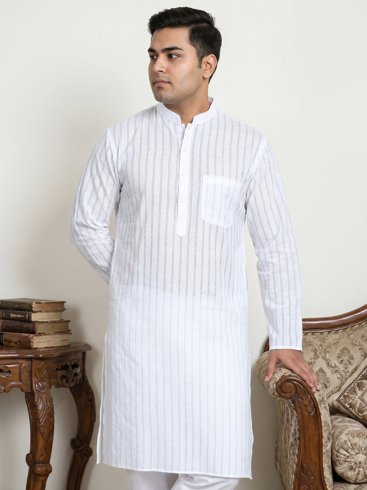 Men's Cotton Striped Kurta ( KO 5207White  )