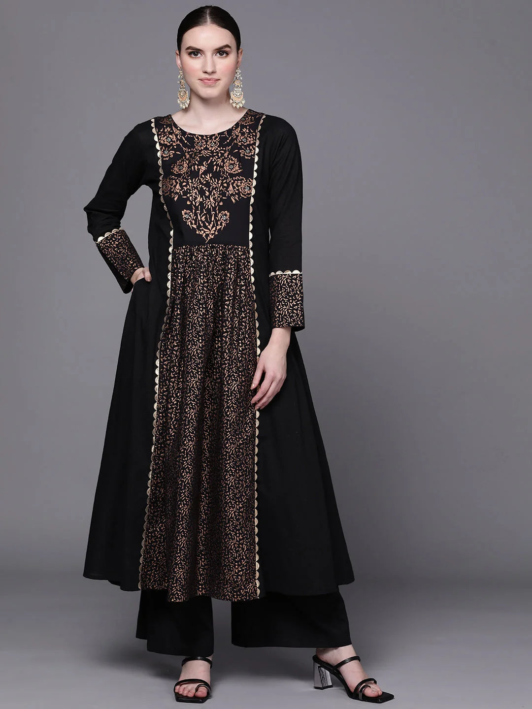 Black Floral Printed Pure Cotton Kurta with Palazzos-AHKUPZ-COMBO-550-FF