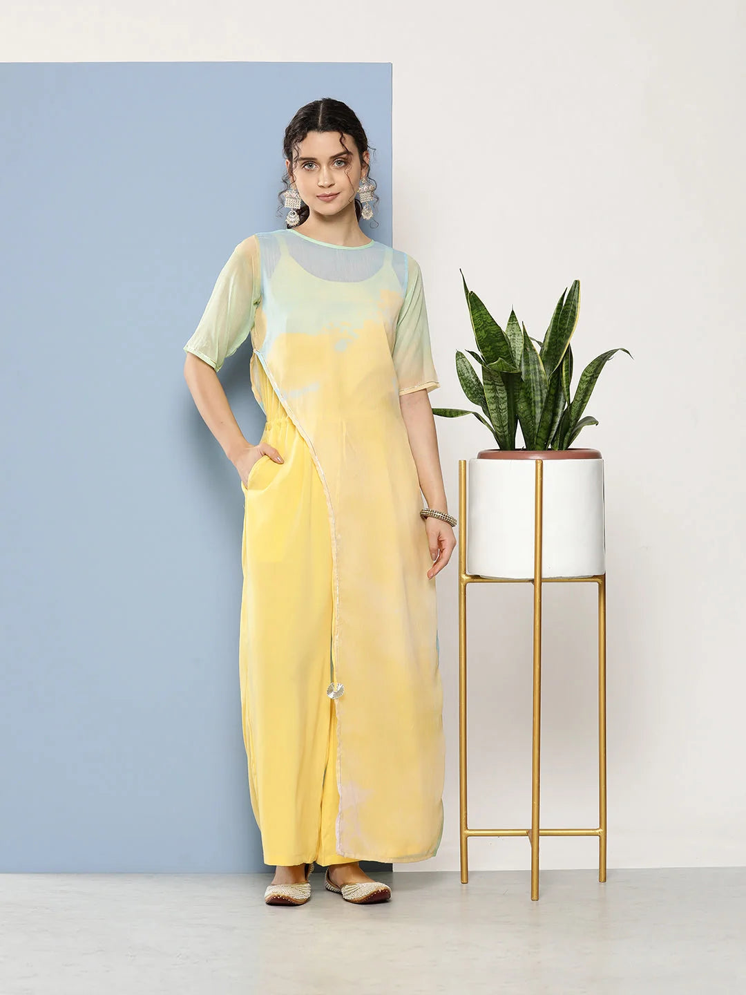 Yellow Printed Waist Tie-Ups Jumpsuit-AHJSCFDP-36-ICH