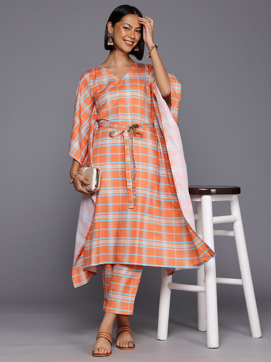 Women Checked Kaftan Kurta Set-AHKFPN-COMBO-1000