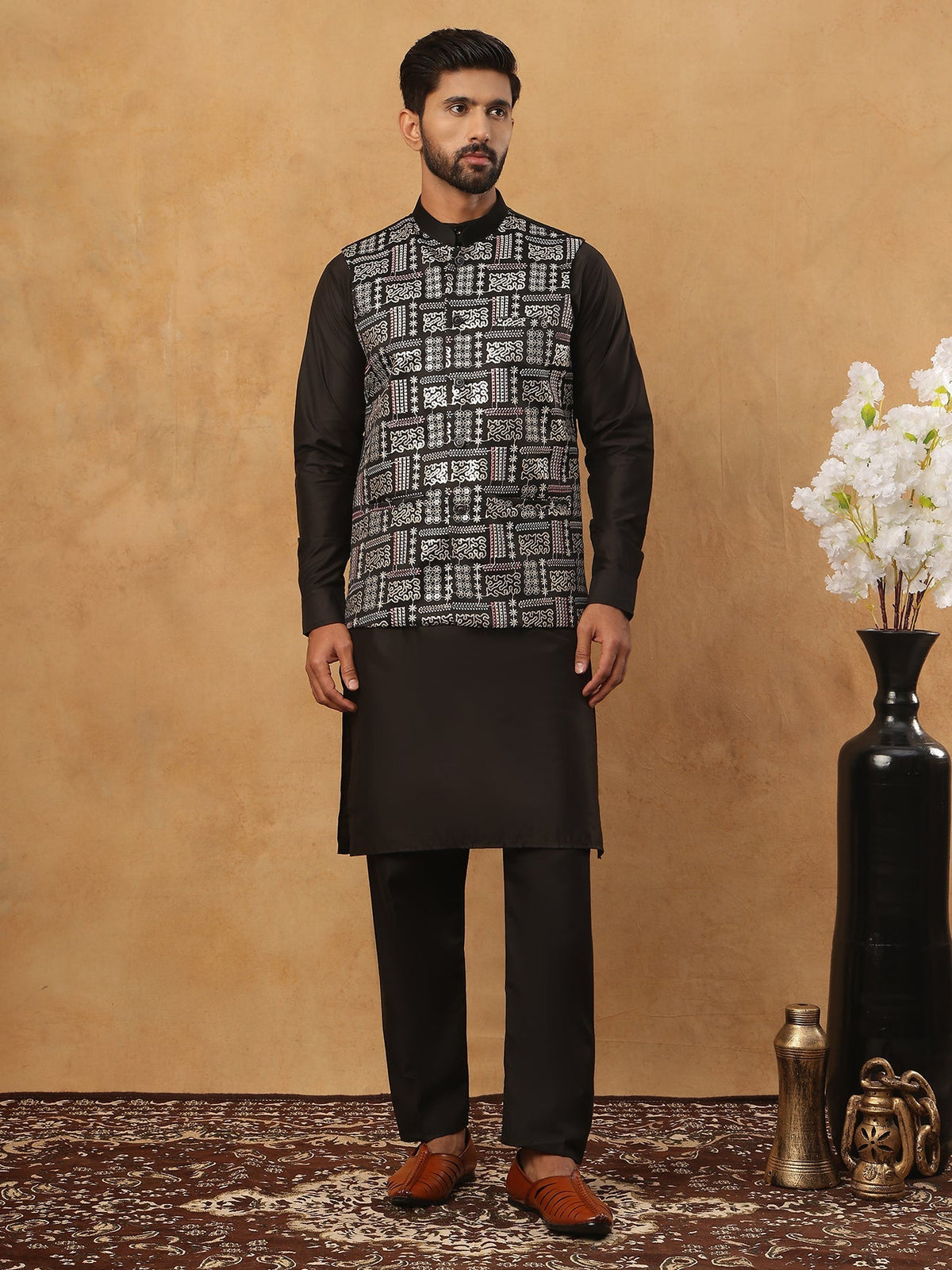 Embroidered Nehru Jacket Set with Solid Kurta Pyjama (65KPWC 592B 4150 Black )