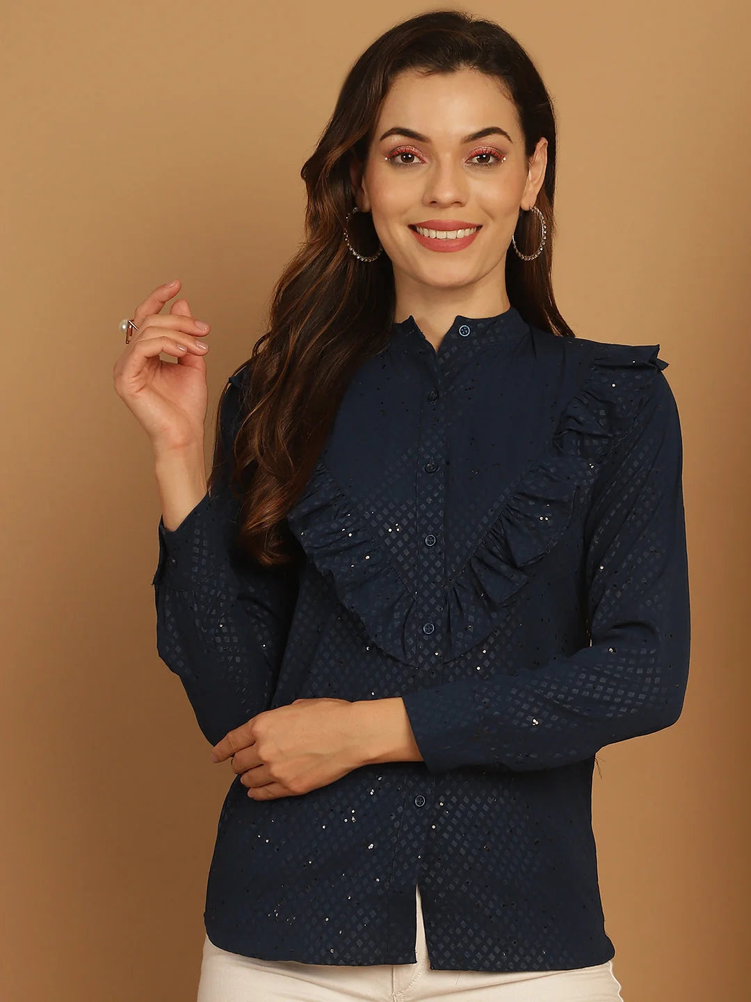Blue Woven Design Women's Tops - Mandarin Collar Shirt