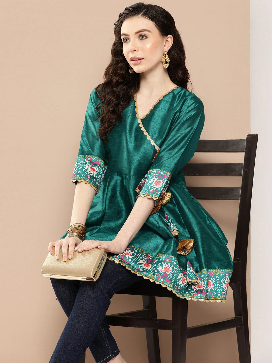 Teal Printed Ethnic Tunic-AHTUPSDP-8114-ICH