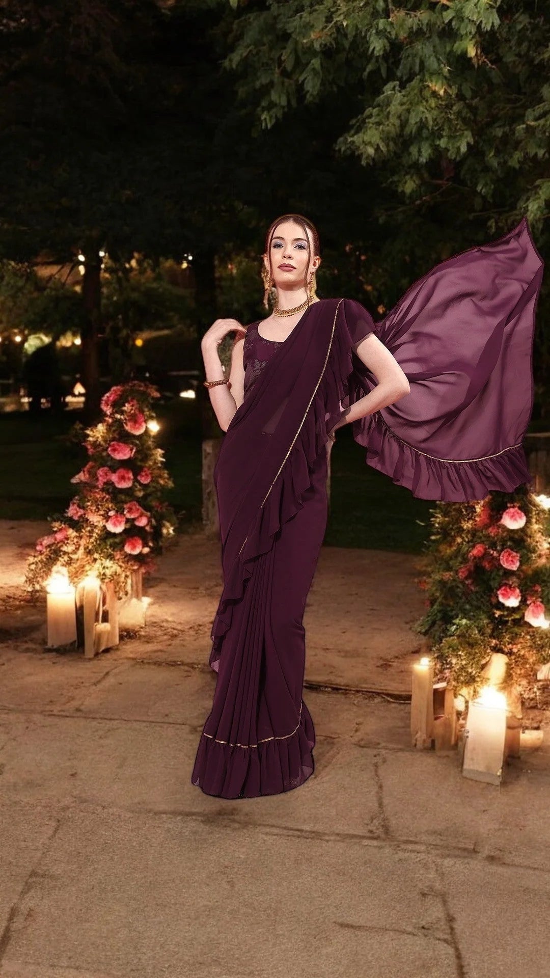 Burgundy Ruffle Saree | Designer Sarees India