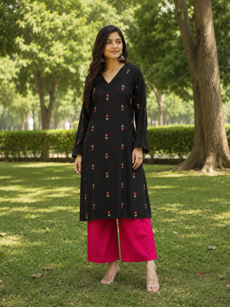Black Floral Embroidered V-Neck Kurta with Pink Palazzo Set for Women