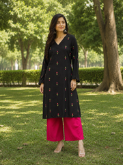 Black Floral Embroidered V-Neck Kurta with Pink Palazzo Set for Women