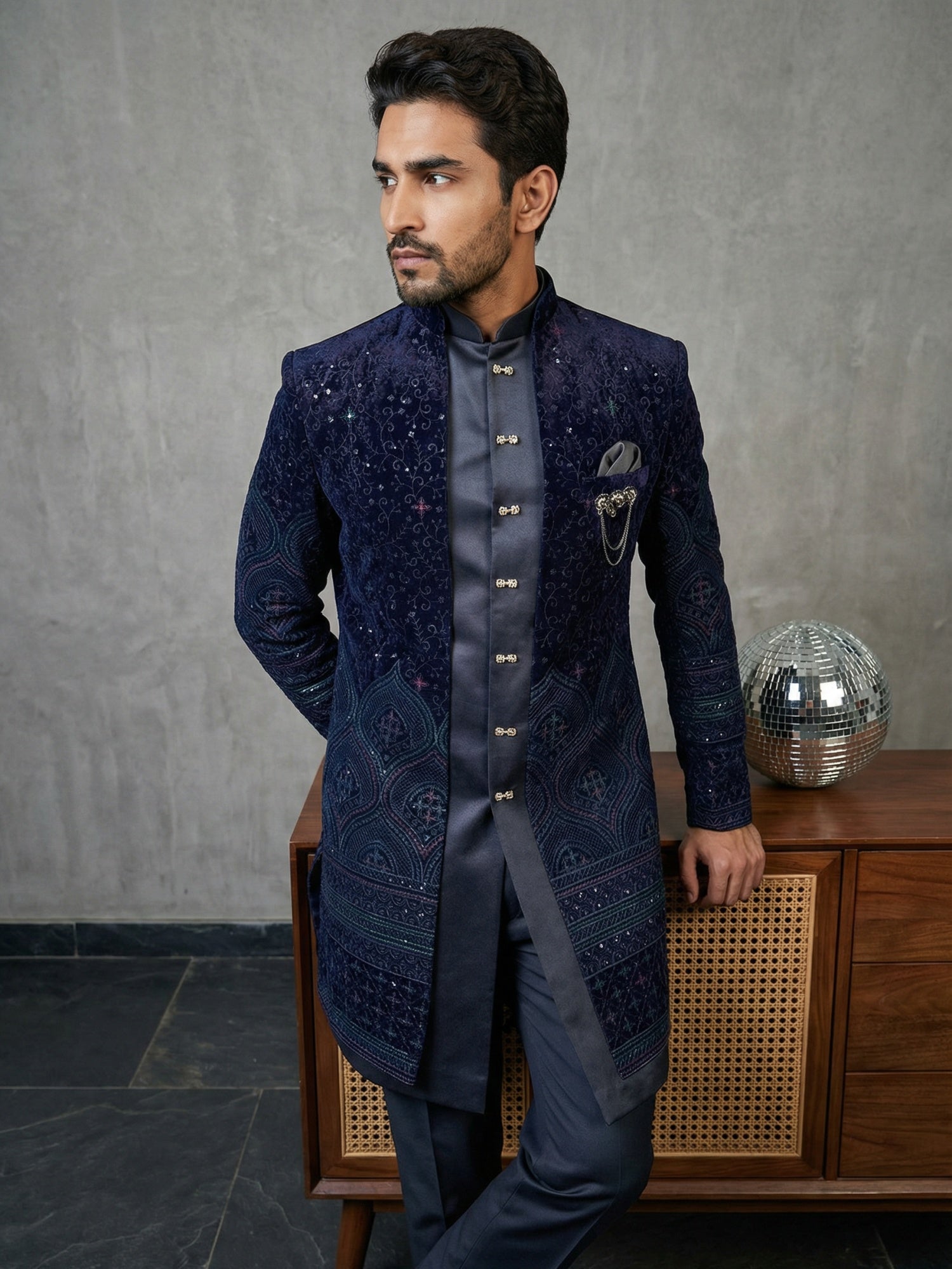 DesiQlo Men Embroidered Indo Western Set - Blue - 50JIND_130Navy_S