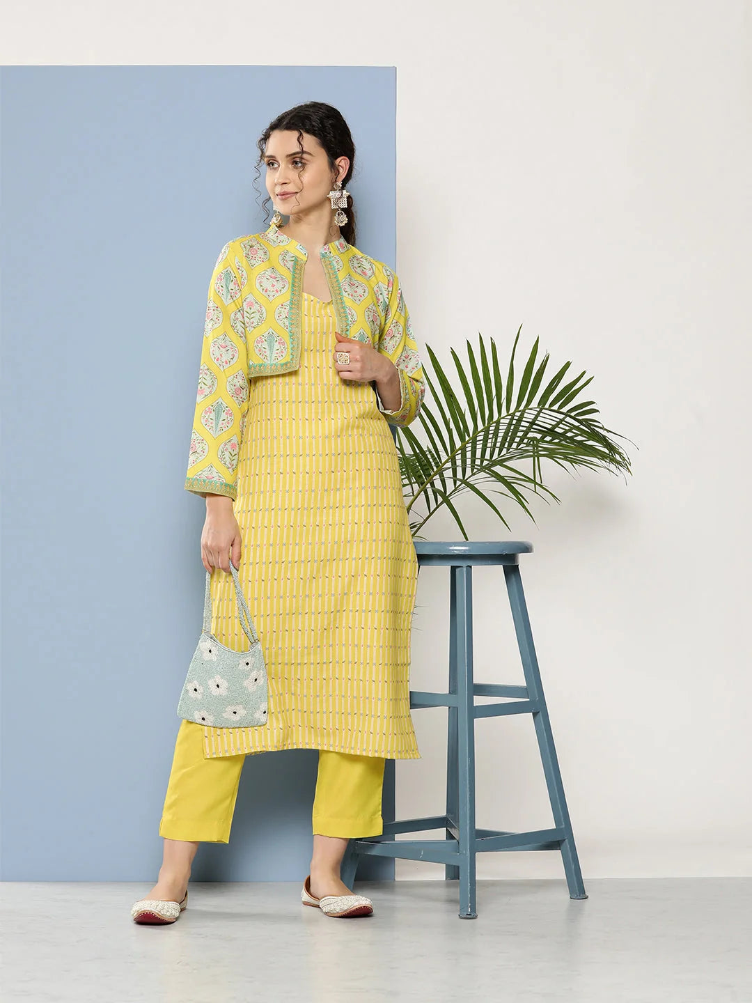 Yellow Floral Printed Pure Cotton Kurta with Trousers & Jacket-AHKUPNJK-COMBO-600