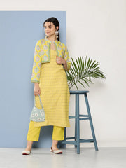 Yellow Floral Printed Pure Cotton Kurta with Trousers & Jacket-AHKUPNJK-COMBO-600