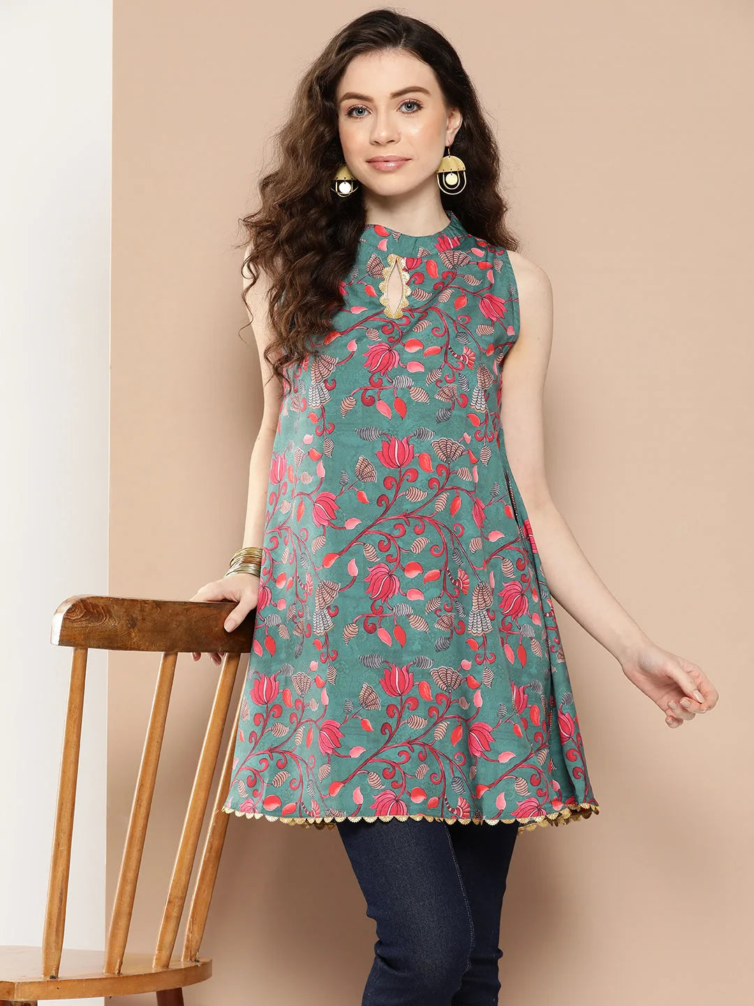 Teal & Pink Floral Tunic Top - Indian Kurta Ladies Collection