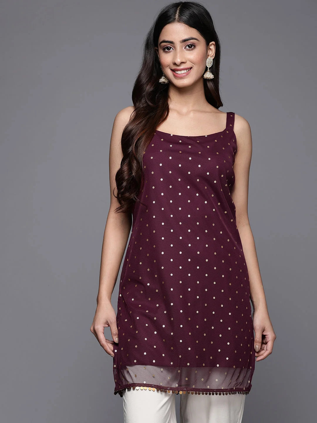 Burgundy Polka Dots Printed Net Tunic With Lace Inserts-AHTUNTFP-8127
