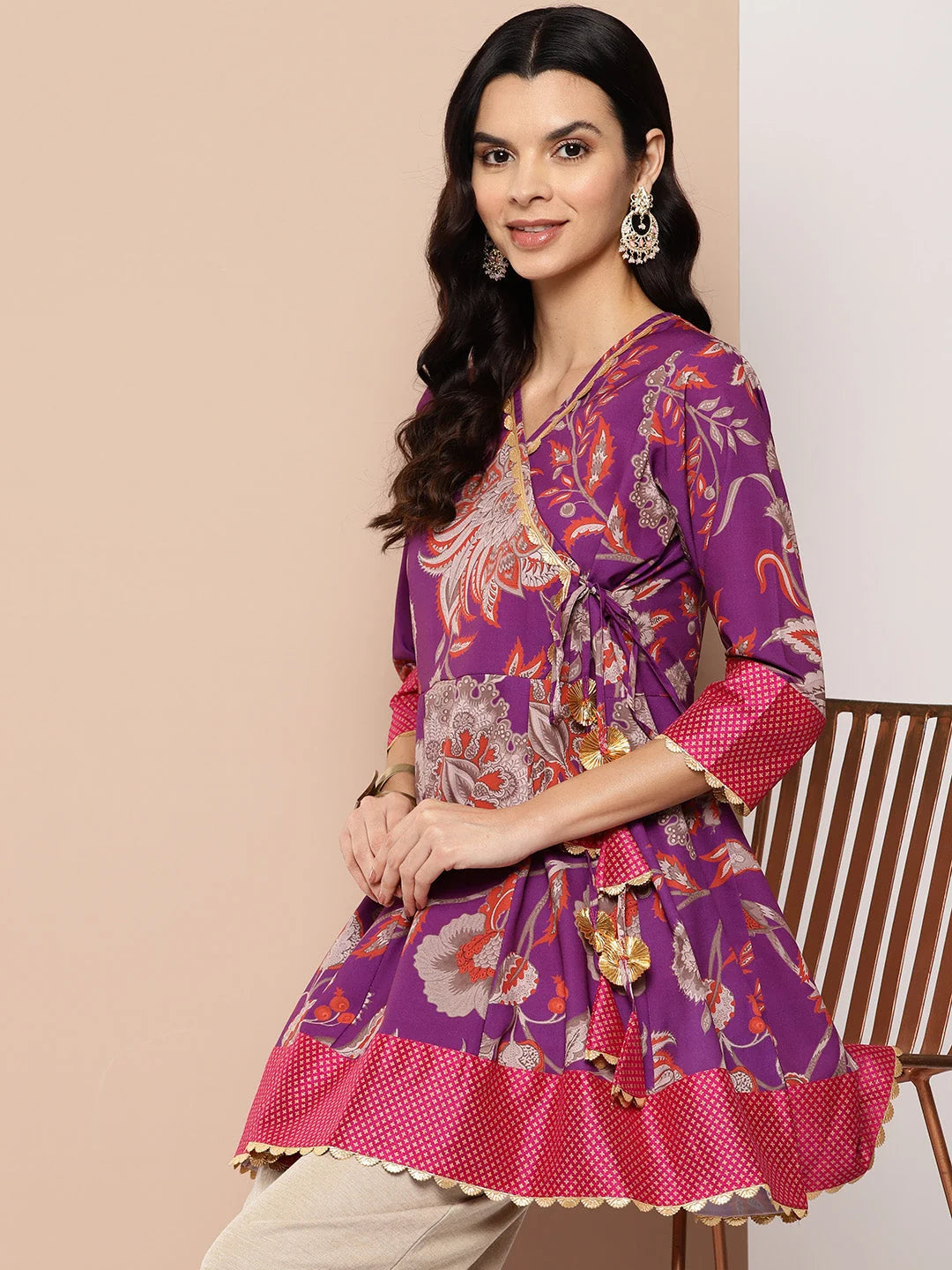 Purple Floral Print Tunic Top - Indian Kurtis Online