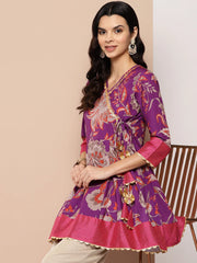 Purple Floral Print Ethnic Tie-Ups Tunic-AHTUCRDP-8161-ICH