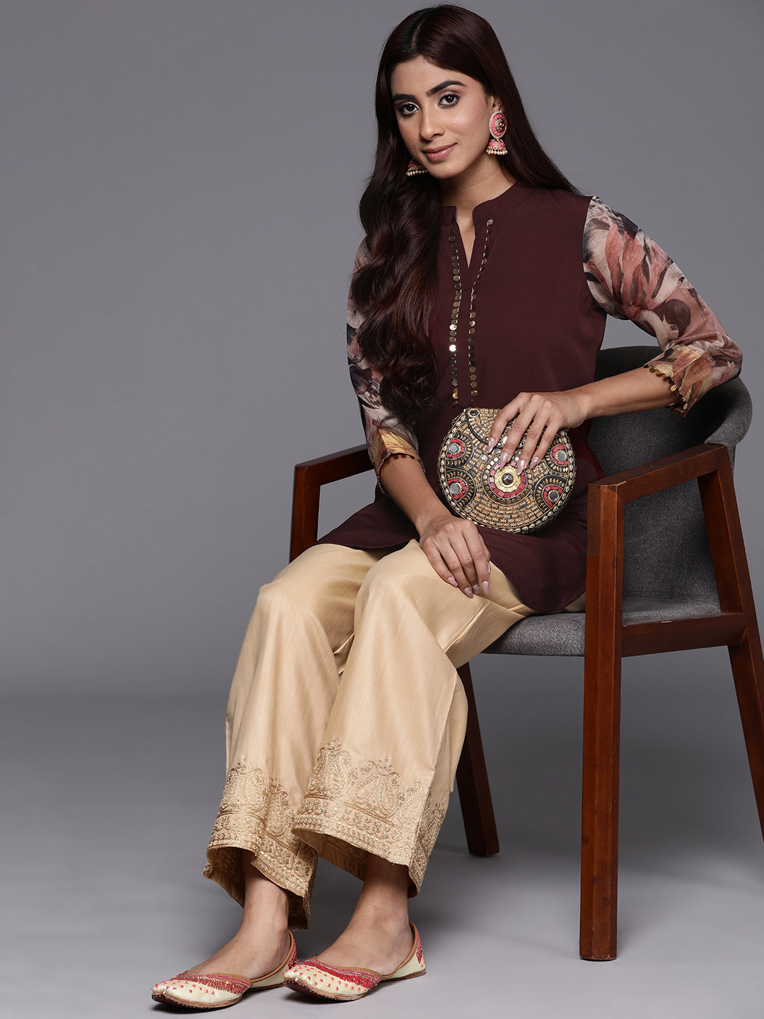 Brown & Gold Toned Printed Embellished Tunic-AHTUCHDP-8170