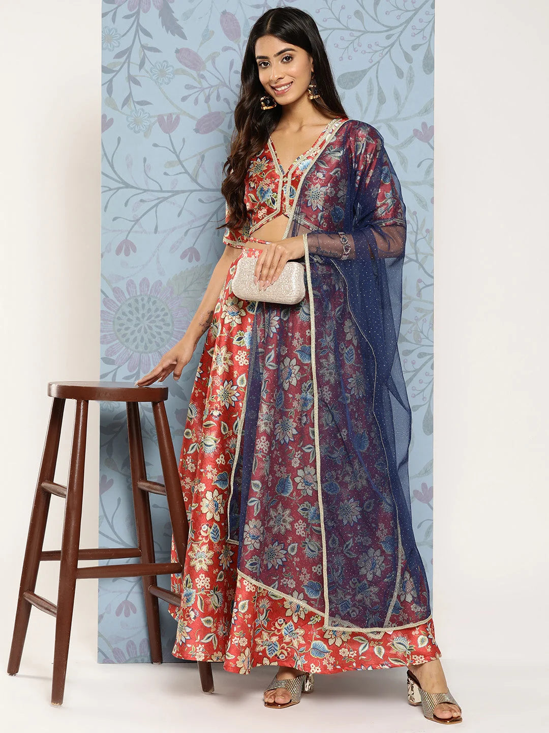 Rust & Blue Floral Printed Ready to Wear Lehenga & Blouse With Dupatta-AHBLDUSK-COMBO-754-ICH