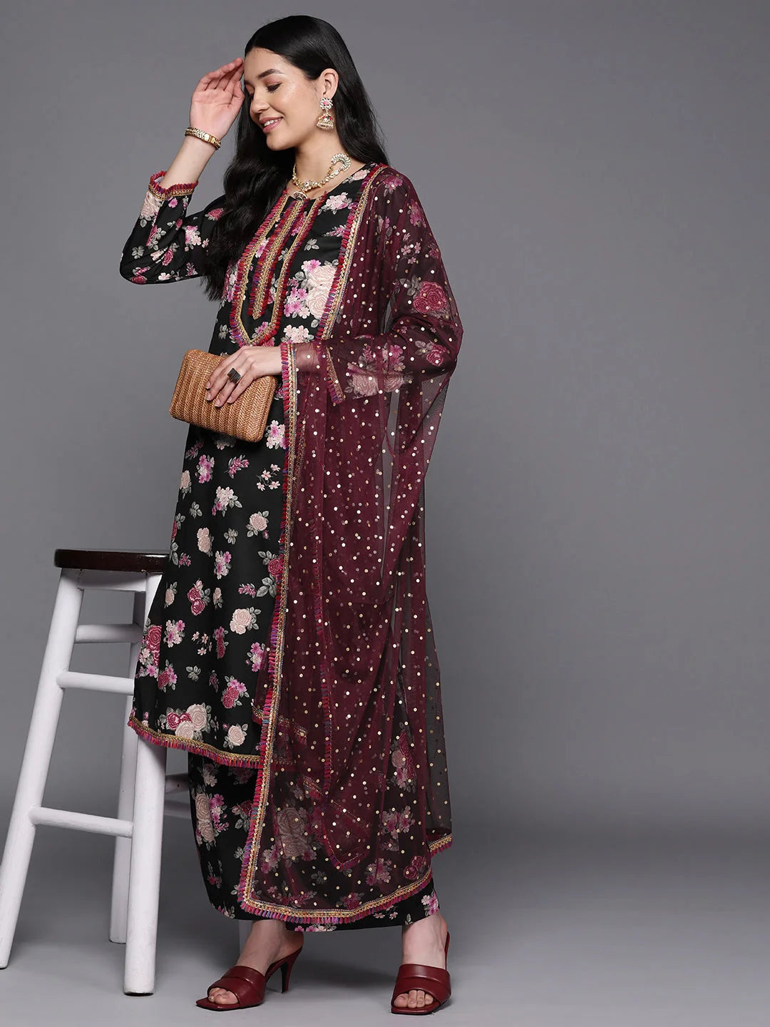 Black Floral Gotta Patti Kurta and Palazzo Set | Women's Fashion