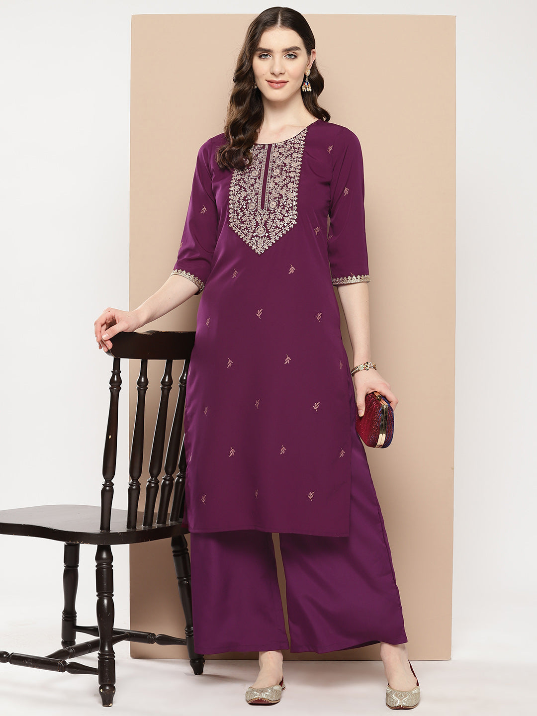 Burgundy Floral Yoke Design Kurta with Palazzos-AHKUPZ-COMBO-761-ICH