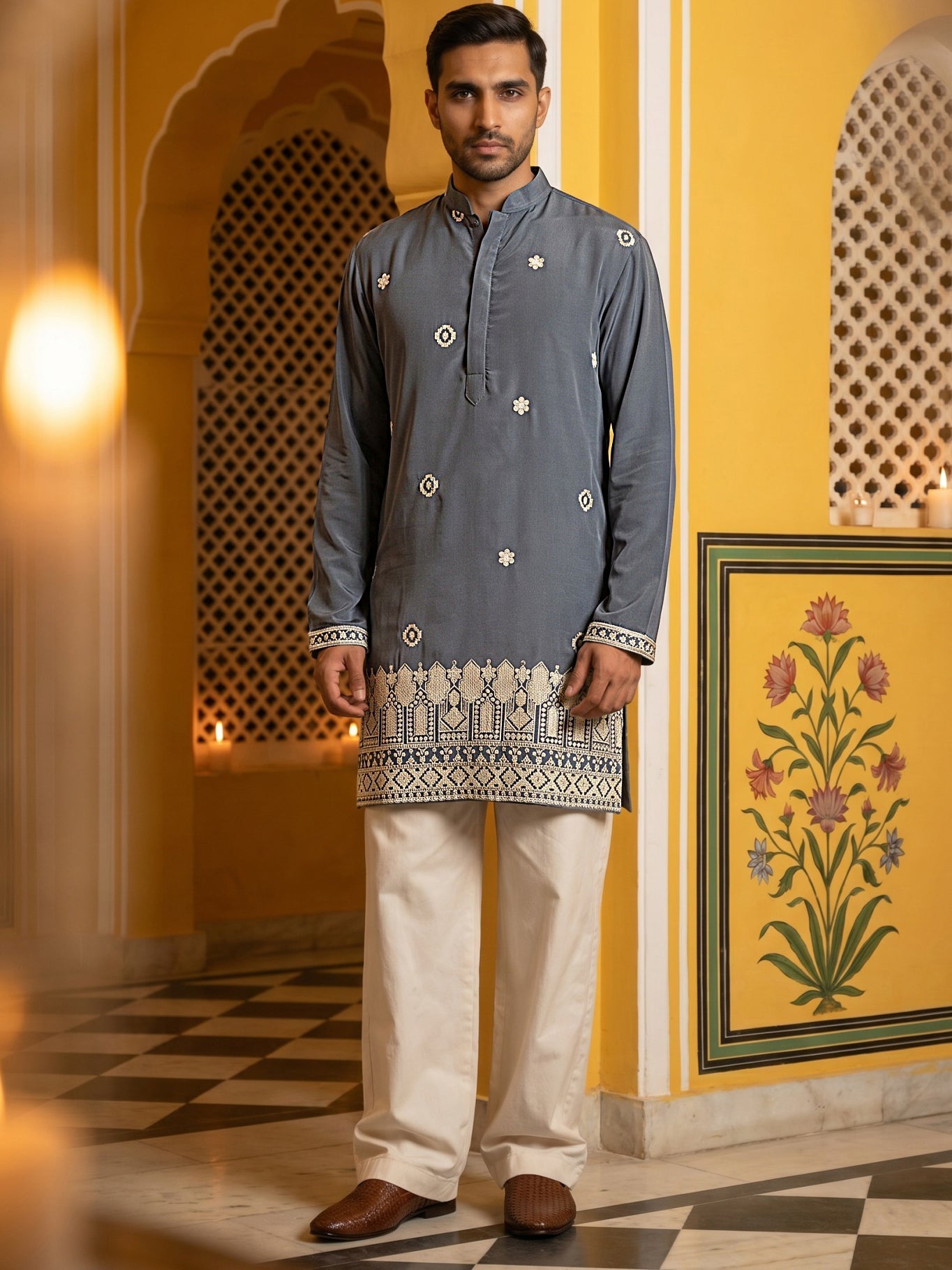 DesiQlo Men Printed Kurta Pyjama Set - Grey - 65KP_PJ11W_5594Grey_S