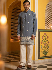 Men's Japanese Fabric Embroidered Kurta with Korean Pants Set ( 65KP PJ11W 5594Grey ) [FF] [G-4]