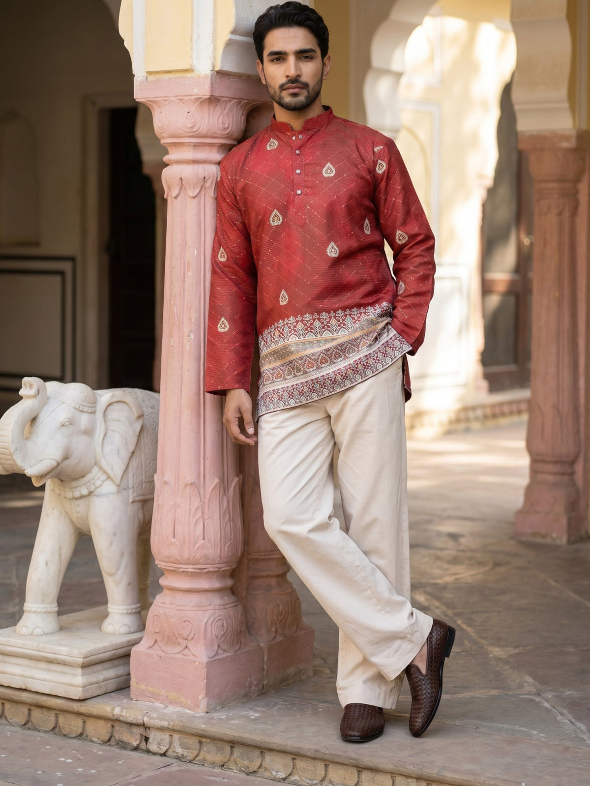 Men's Cotton Blend Printed Kurta with Korean Pants Set ( 65KP PJ11W 5589Red ) [FF] [H-6]