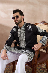 Black Silk Blend Embroidered Mandarin Collar Straight Kurta MKU2019