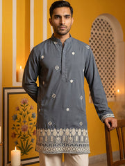 Men's Japanese Fabric Embroidered Kurta ( 65KO 5594Grey ) [FF] [G-4]