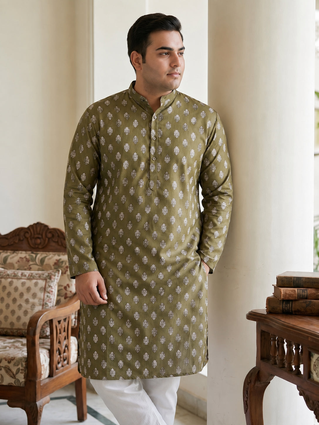 DesiQlo Men Printed Kurta Pyjama Set - Green - JOKP_650Olive_3XL