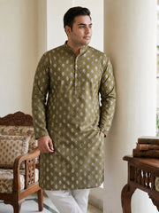 Floral Printed Kurta with Pyjama for Men ( JOKP 650Olive  )