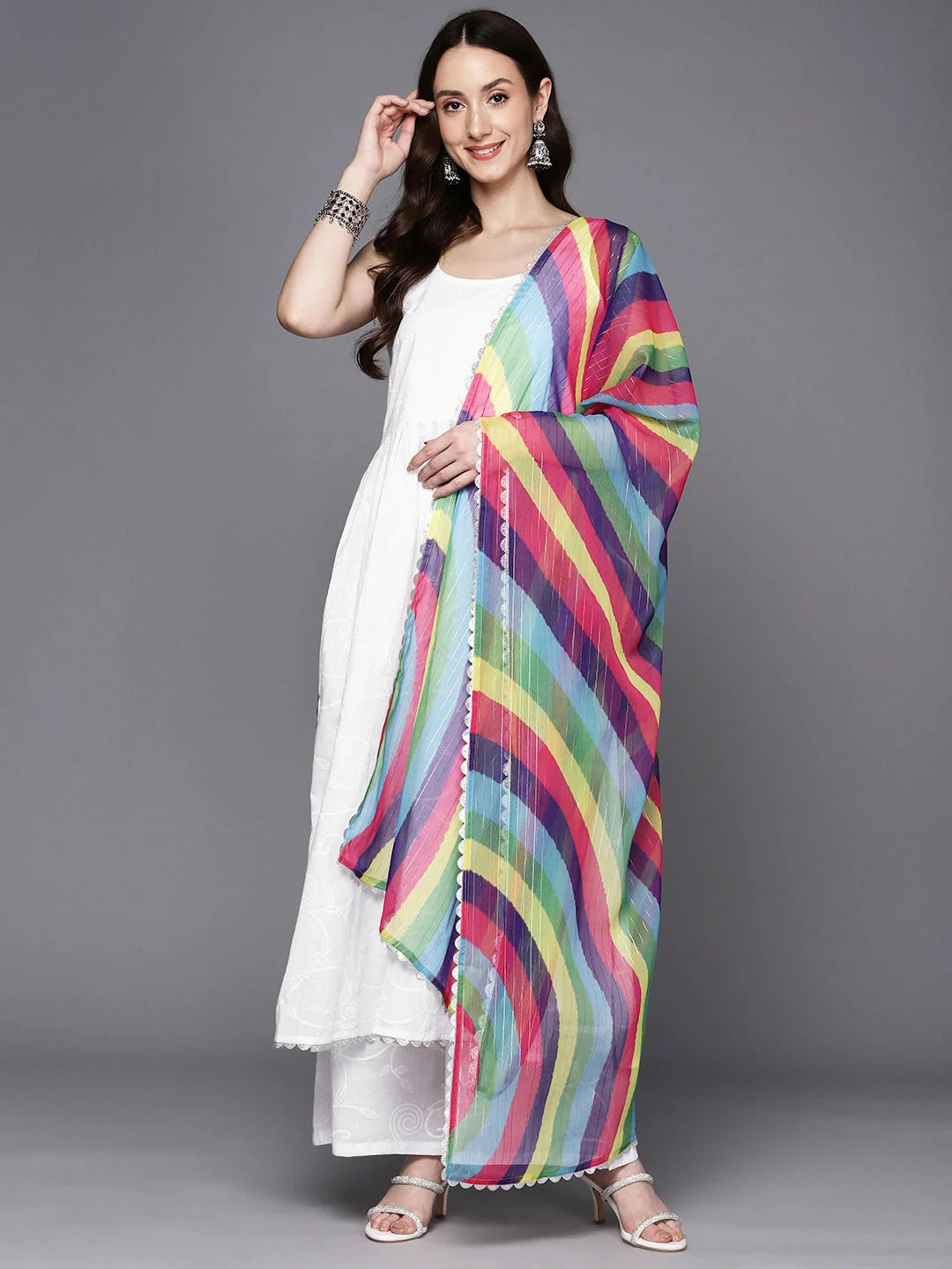 White Floral Printed High Slit Gotta Patti Pure Cotton Kurta With Palazzos & Dupatta-AHKUDUPZ-COMBO-708