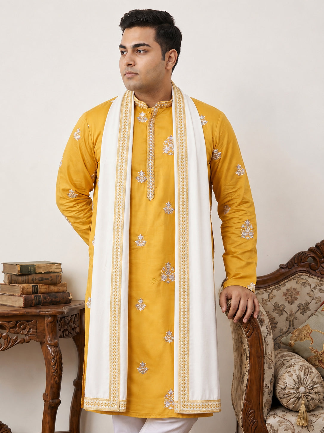 Embroidered & Sequin Kurta With Dupatta ( KO D 5091Mustard  )