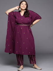 Burgundy & Gold Printed Plus Size Kaftan Kurta with Trousers-AP-AHKFPNBL-COMBO-344