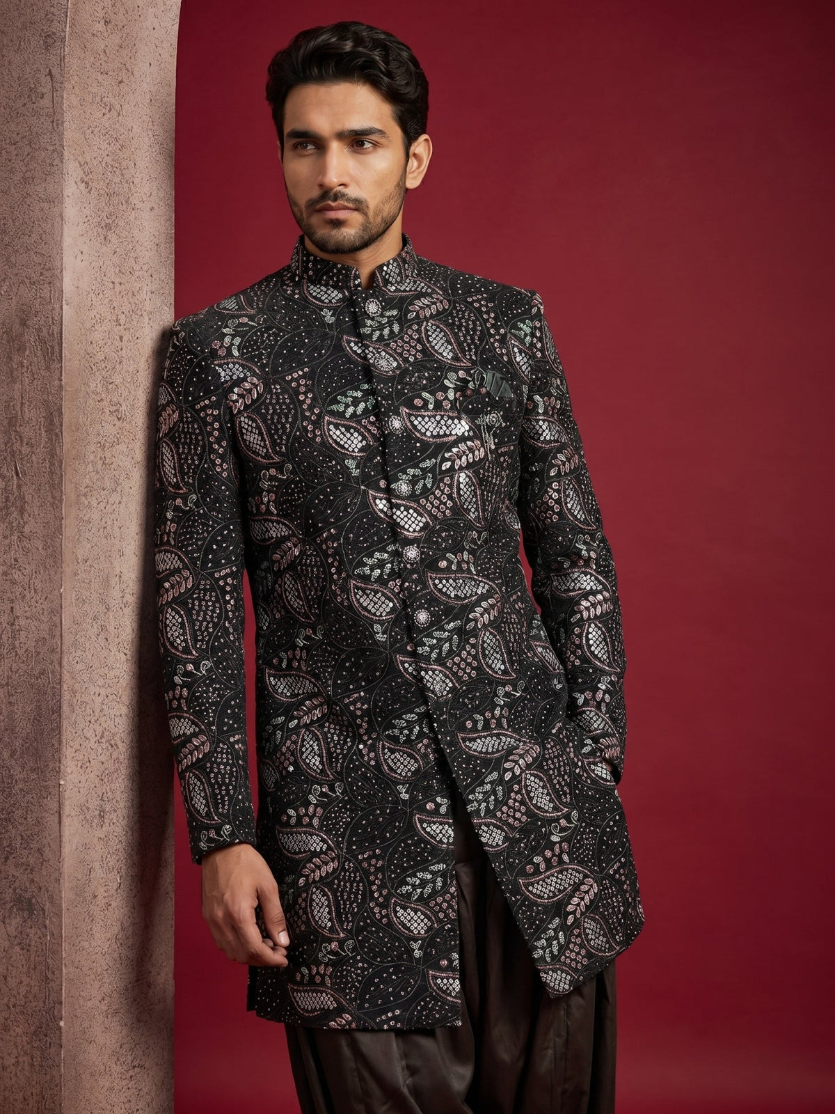 Premium Velvet Embroidered Indo-Western Set ( 50JIND 194Black )