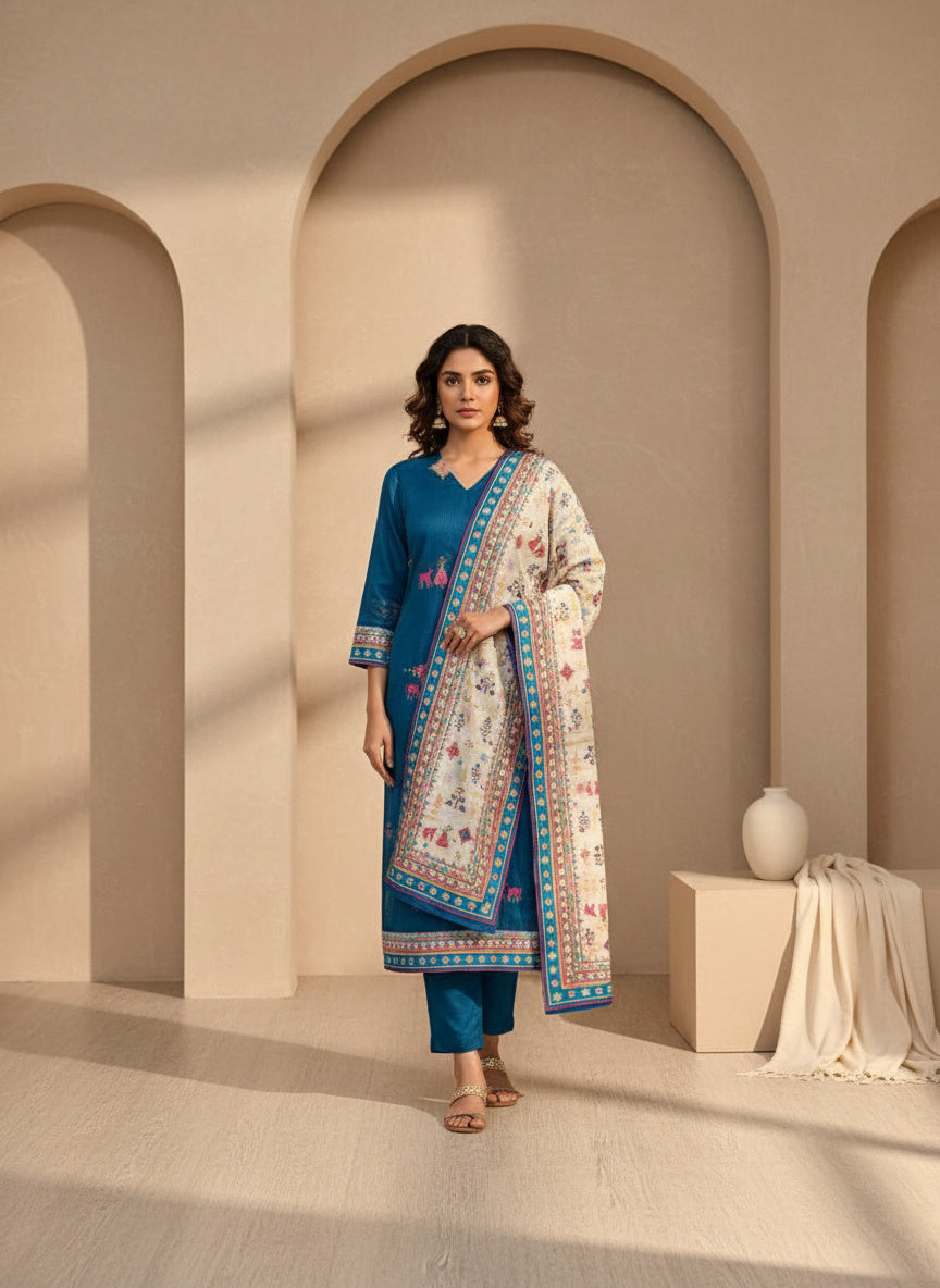 Cotton Blend Kurta Set for Women - Teal | MLWSHKS9304TEL | DesiQlo