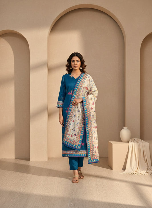 Cotton Blend Kurta Set for Women - Teal | MLWSHKS9304TEL 864