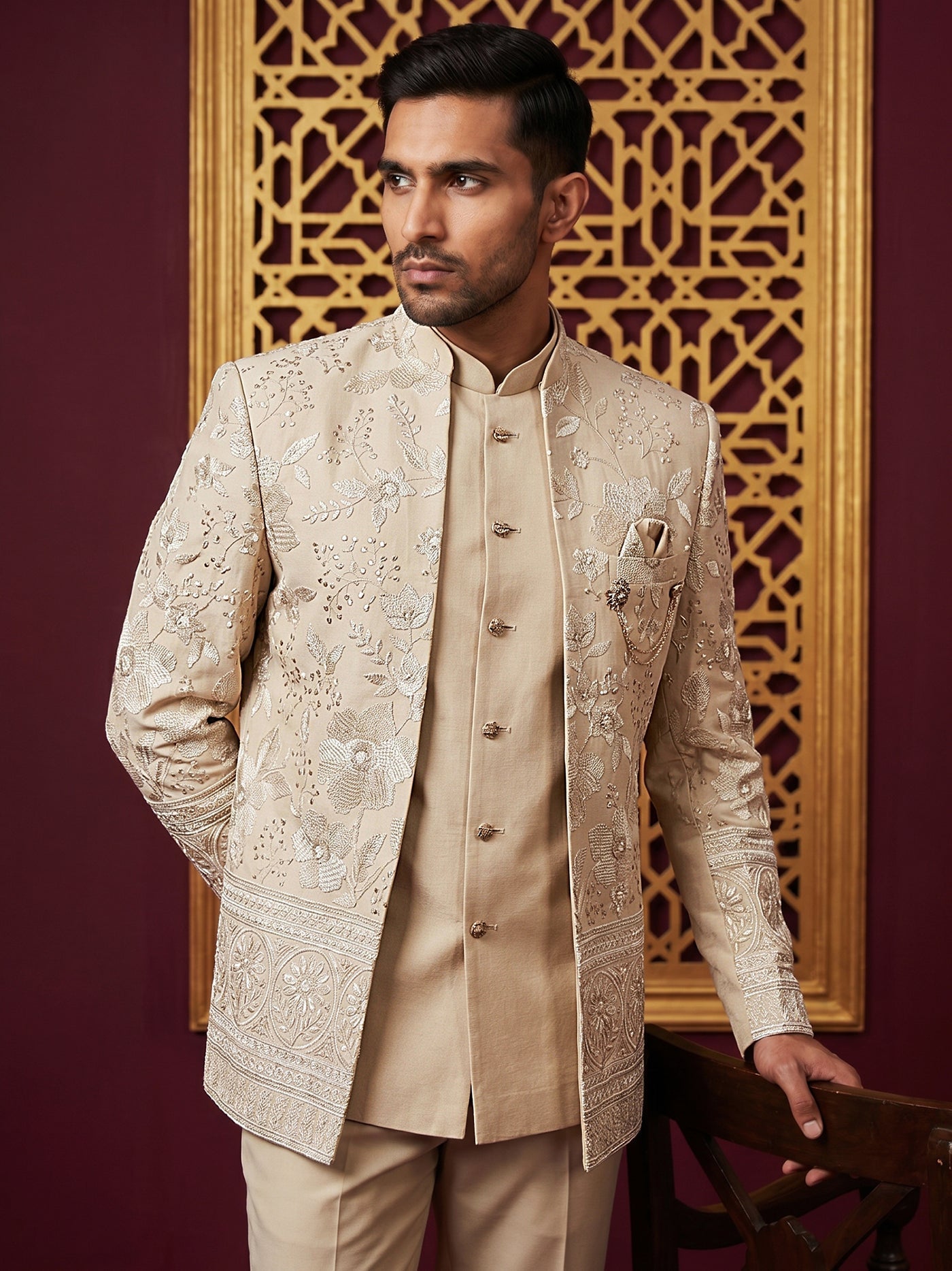 DesiQlo Men Embroidered Indo Western Set - Beige - 50JIND_227Beige_S