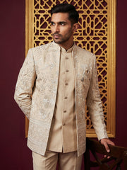 Silk Blend Floral Embroidered Indo-Western Set ( 50JIND 227Beige )