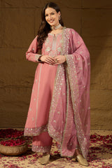 Pink Silk Blend Solid Embroidered Straight Kurta Trousers With Dupatta PKSKD2939