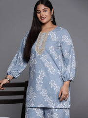 Blue & White Floral Print Plus Size Ethnic Tunic with Palazzos-AP-AHTUPZ-COMBO-646-EMB-OA