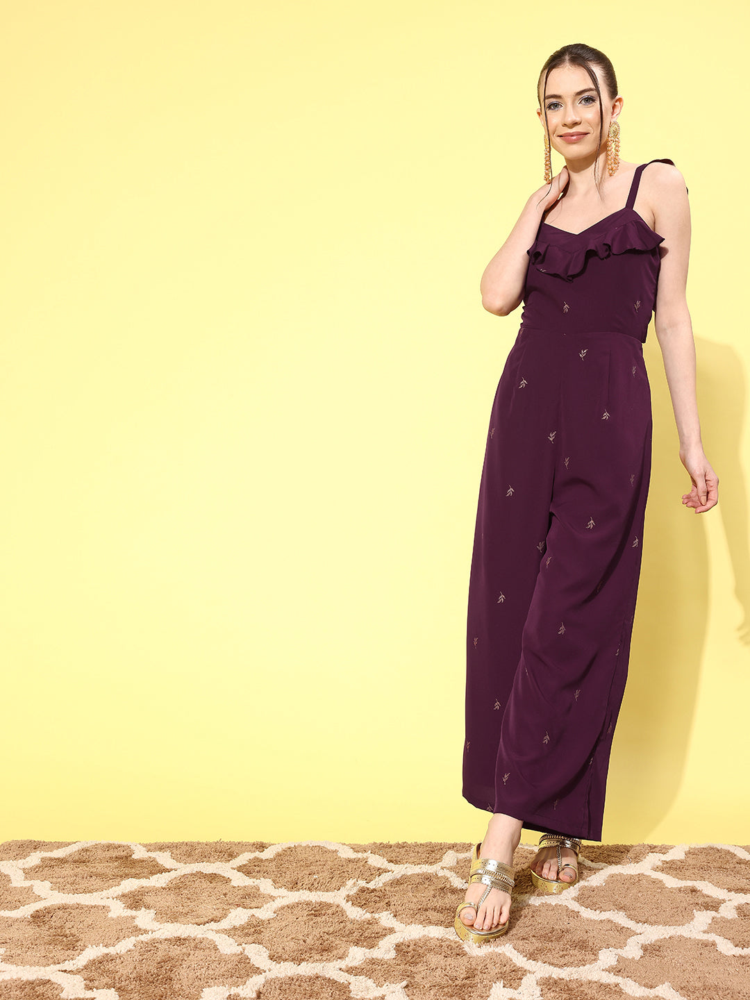Burgundy Printed Jumpsuit with Ruffles-AHJSCRGL-59-FF