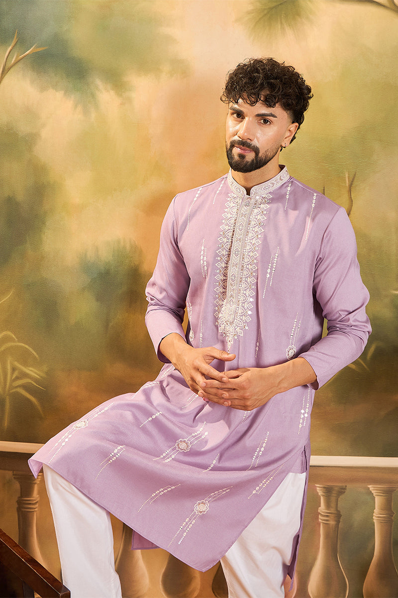 Lavender Silk Blend Solid Embroidered Straight Kurta with Trouser MKSET1489