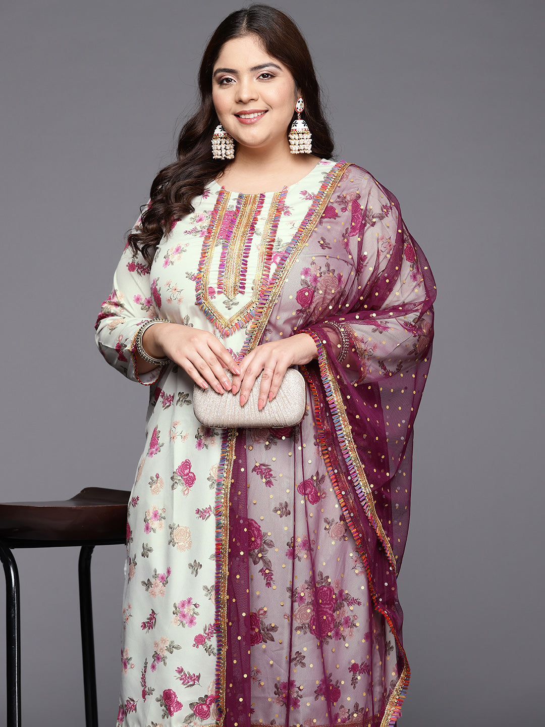 Beige Floral Kurta and Palazzo Set for Plus Size Women