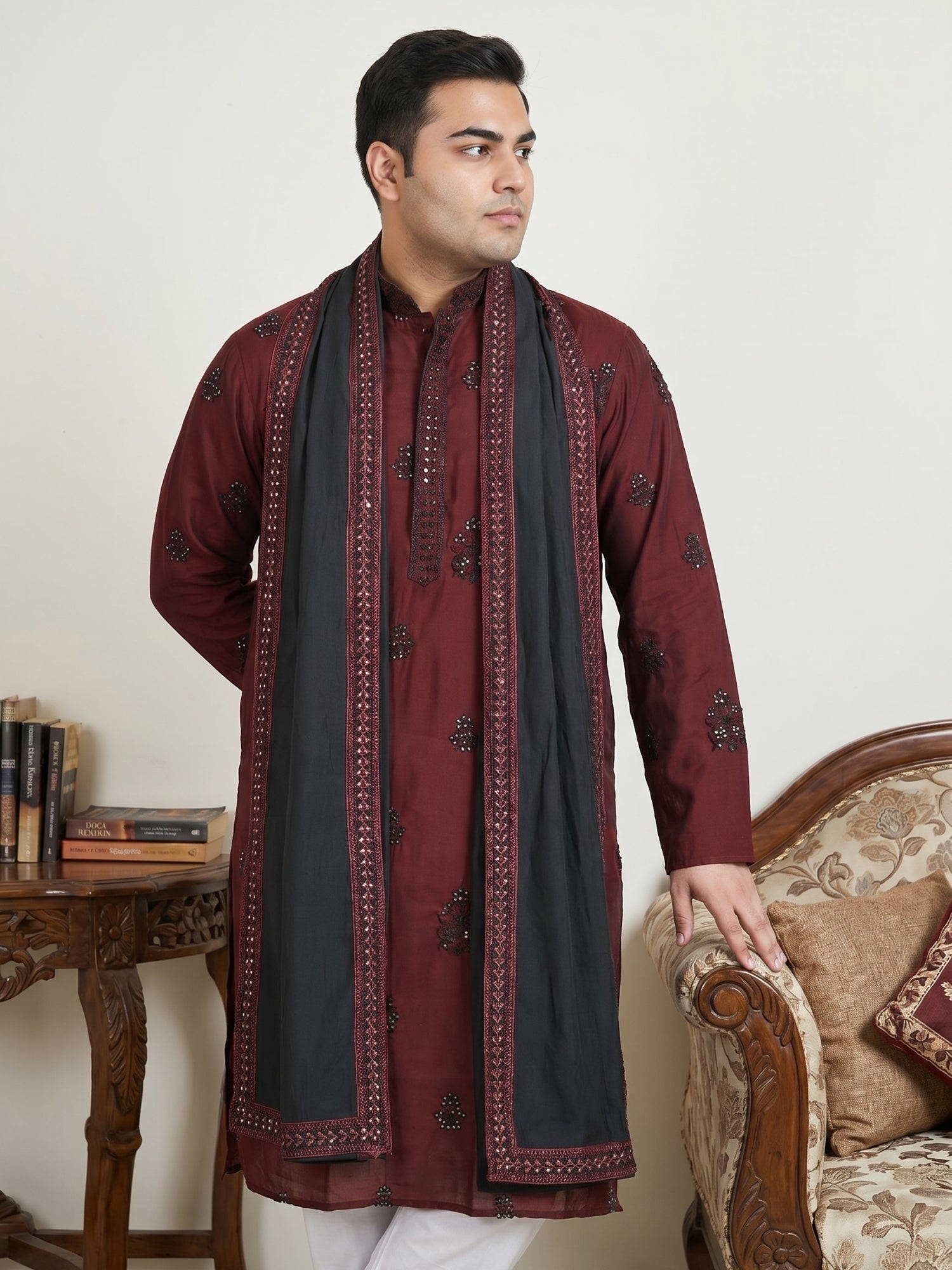 DesiQlo Men Embroidered Kurta Pyjama Set - Maroon - JOKP_D_5091Maroon_