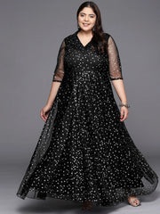 Black & Silver Plus Size Printed Maxi Ethnic Dress-AP-AHKUNTFPDS-829