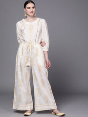 Off White Printed Pure Cotton Jumpsuit with Waist Tie-ups-AHJSCOPG-972-FF