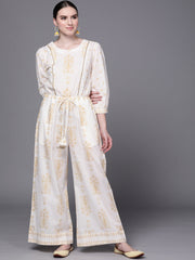 Off White Printed Pure Cotton Jumpsuit with Waist Tie-ups-AHJSCOPG-972-FF