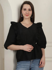Black Solid Women's Top With Frills-JNT-2024Black