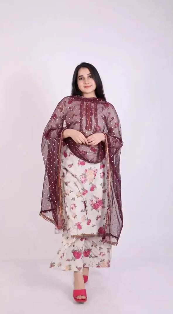 Beige Floral Printed Regular Gotta Patti Kurta with Palazzos & With Dupatta-AHKUDUPZ-COMBO-358-FF