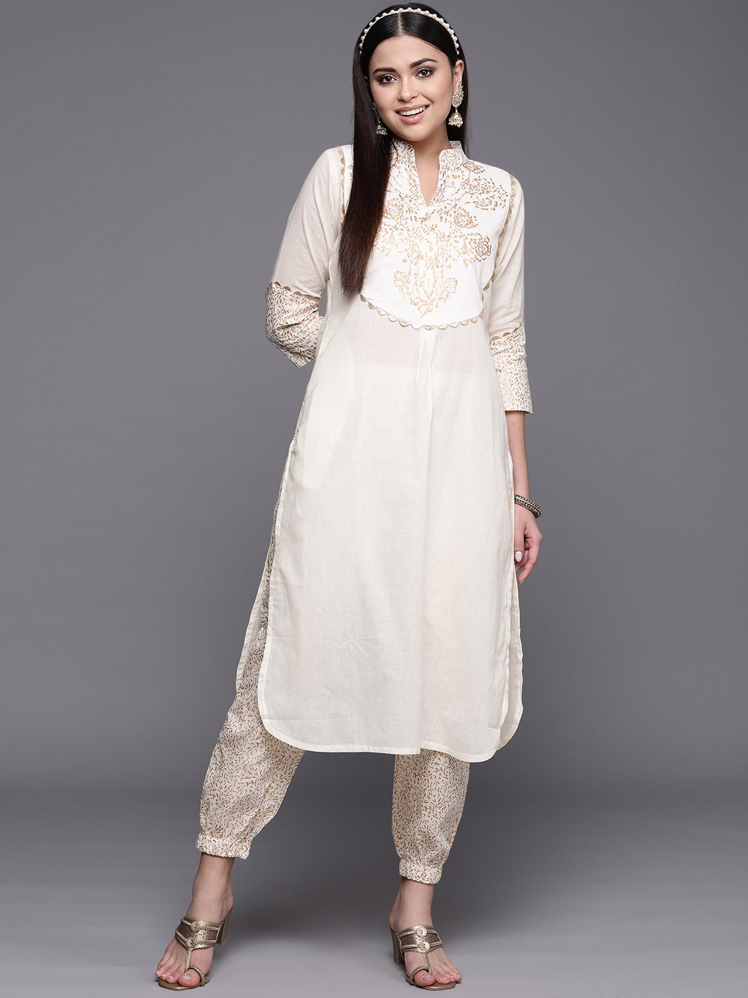 Off White Cotton Printed Kurta with Trousers | Kurta Sets