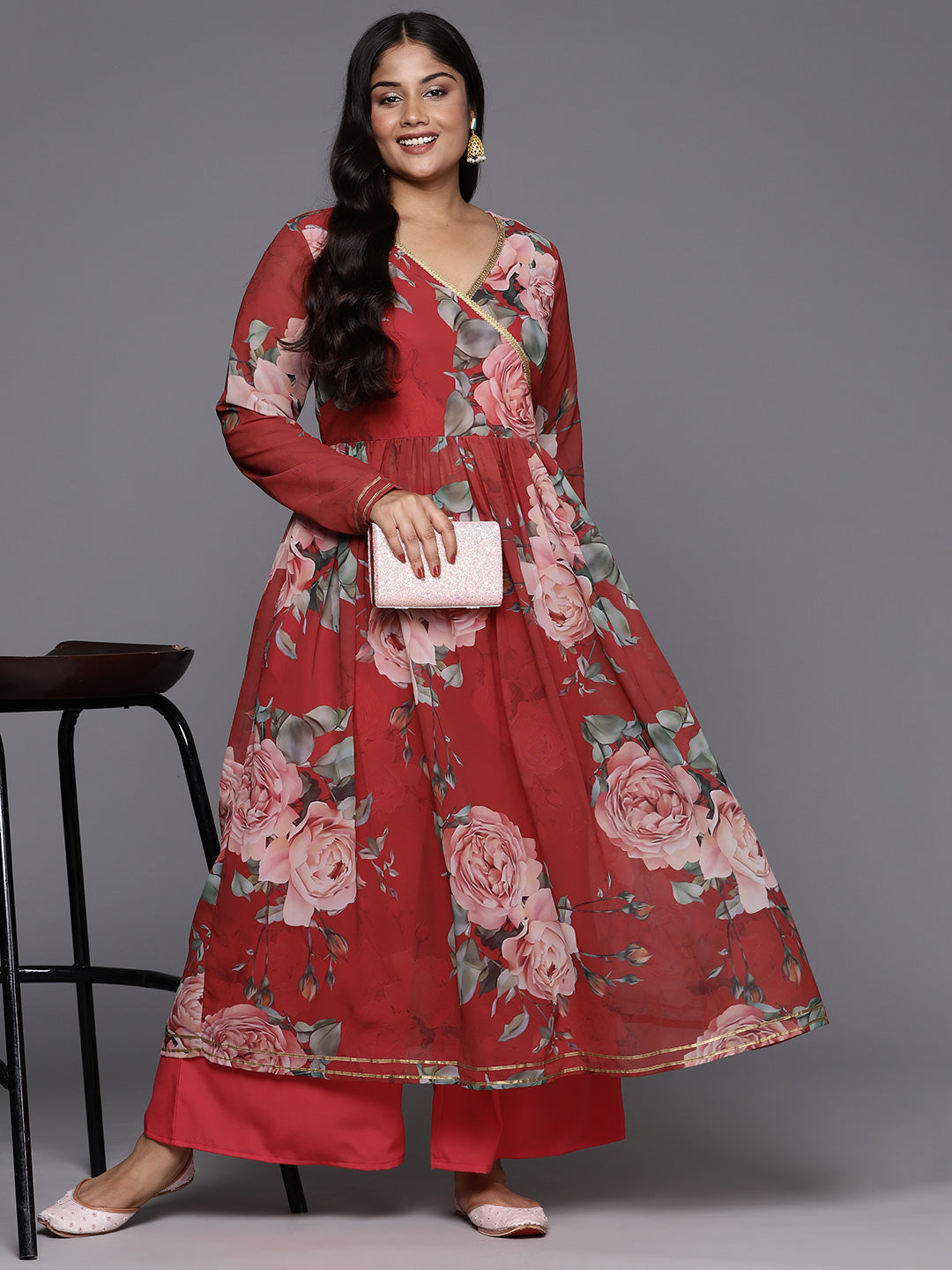 Red Floral Kurta and Palazzo Set - Plus Size Women's Outfit