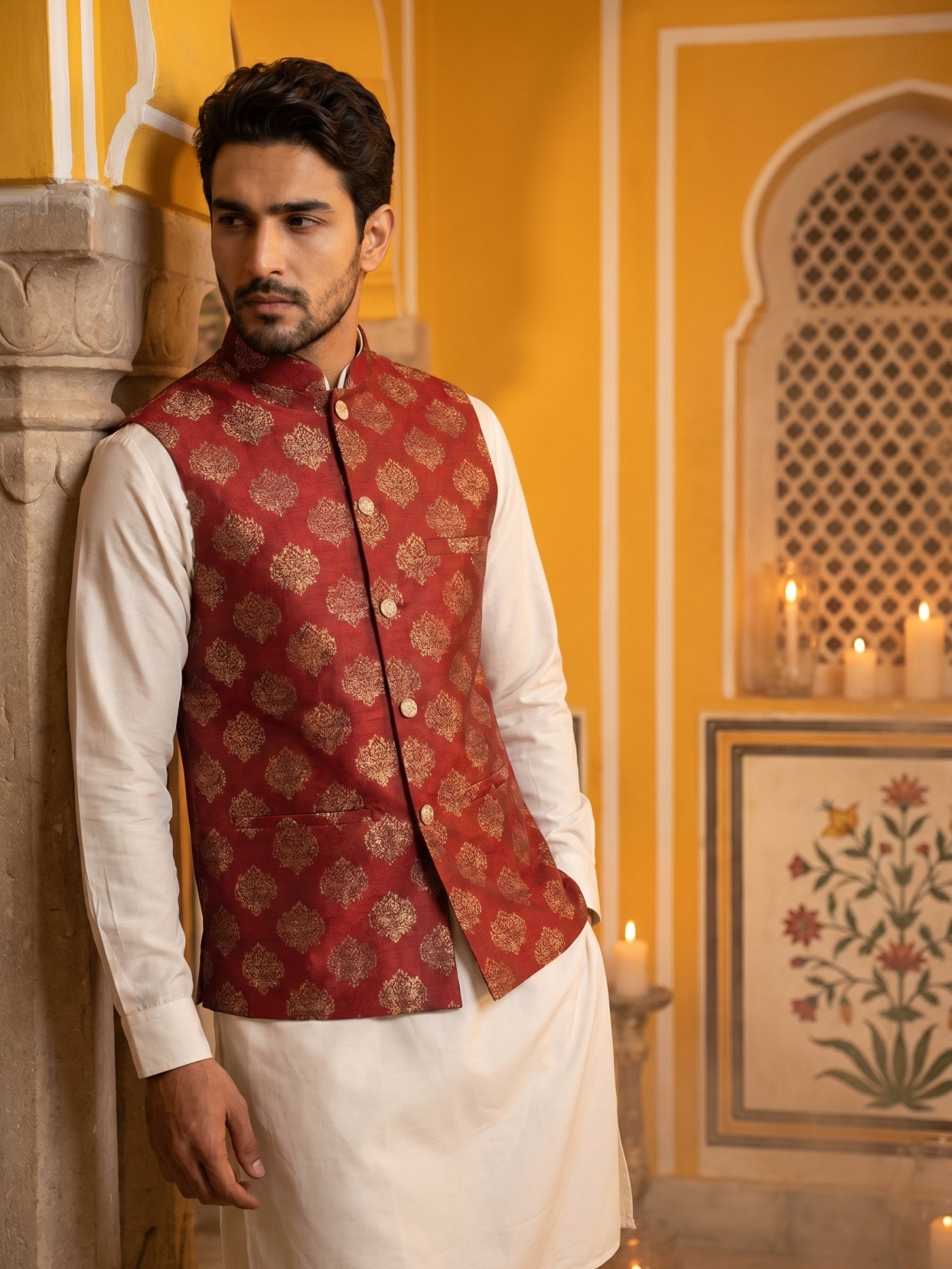 DesiQlo Men Printed Nehru Jacket and Kurta Pyjama Set - - JO maroon